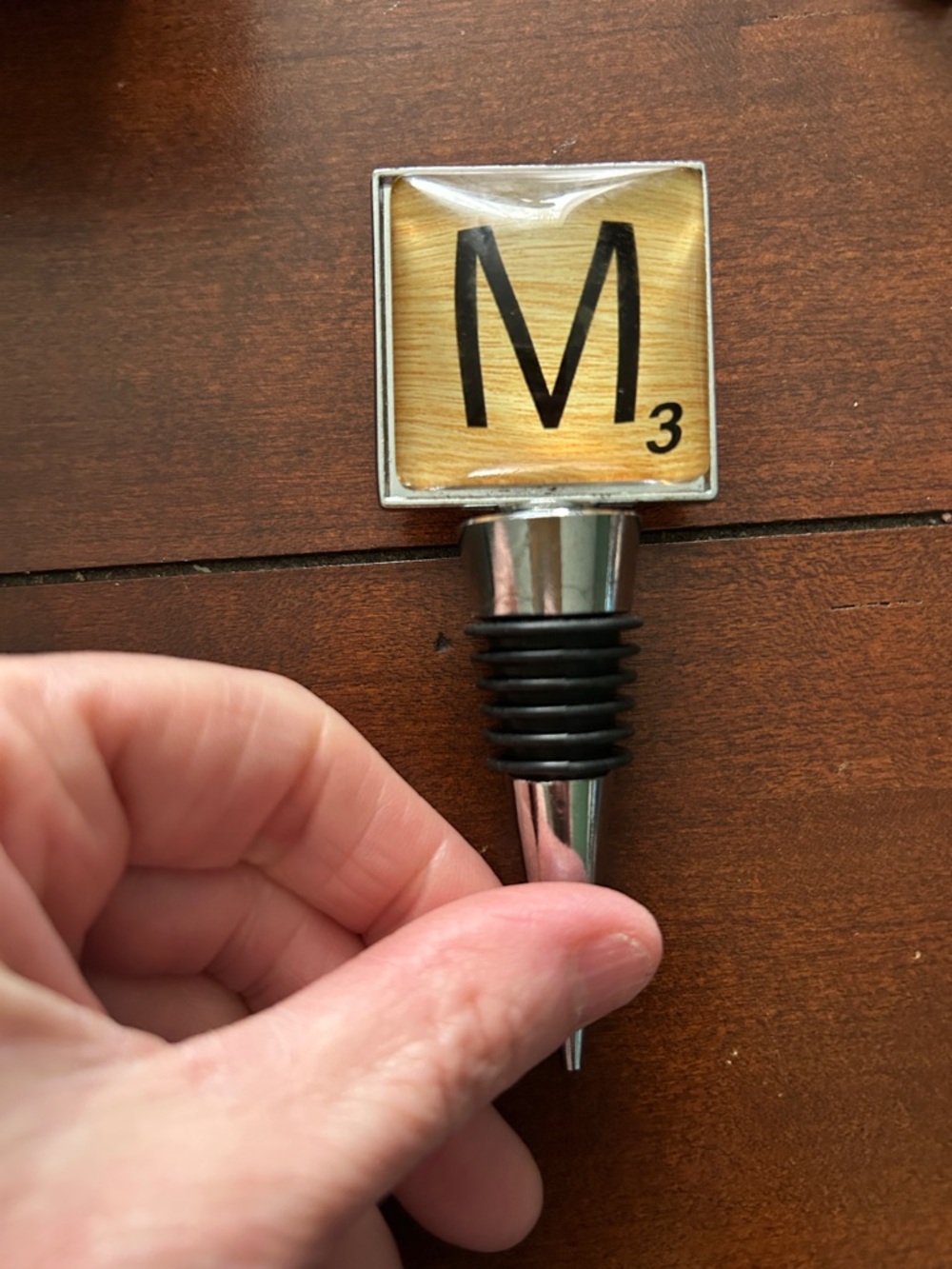 Scrabble Tile 'M' Wine Bottle Stopper - Yellow Wood Grain